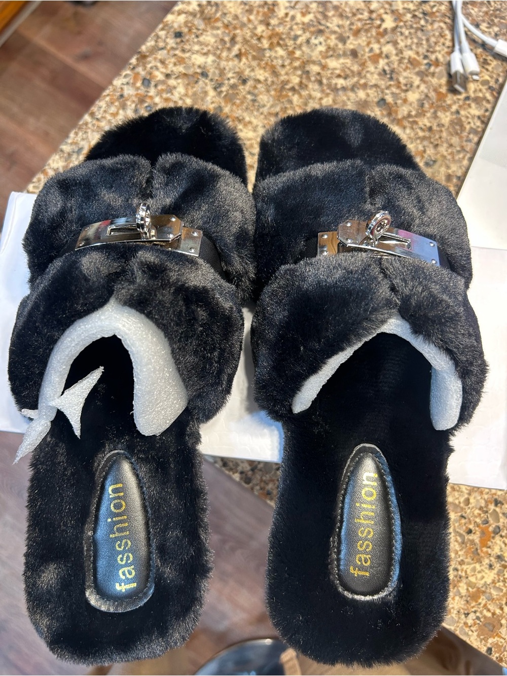 Women's Black Faux-Fur Slide Slippers with Silver Buckle